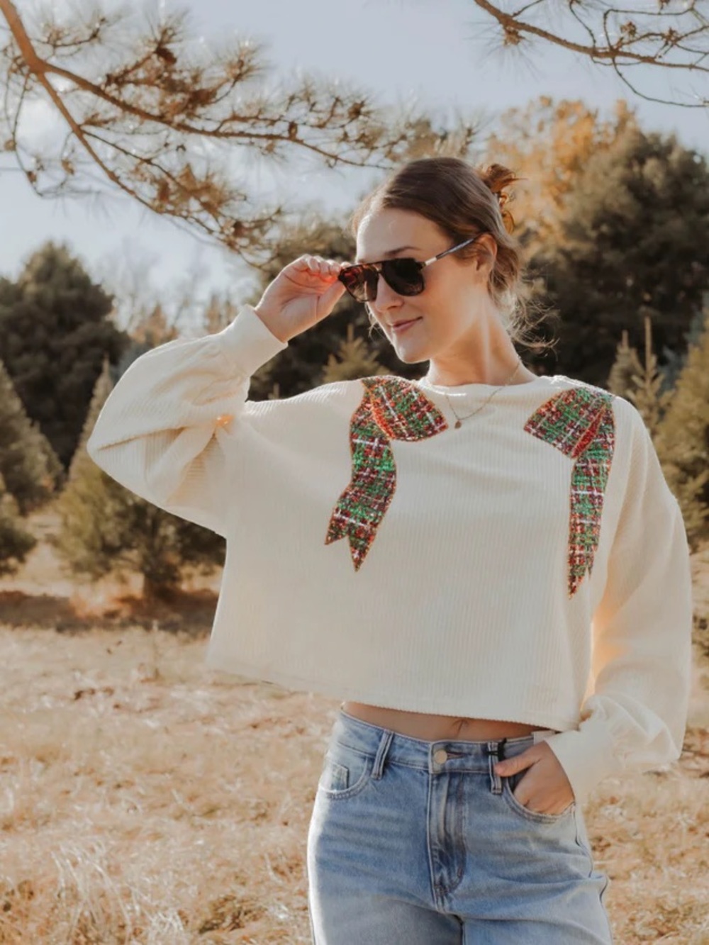Altar'd State Cream Cropped Sweater with Colorful Embroidered Bows